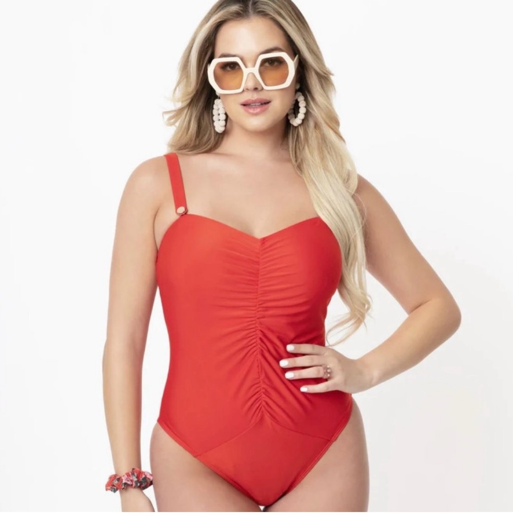 Bettie Page x Playful Promises pin up honey Red ruched One-Piece Swimsuit 16